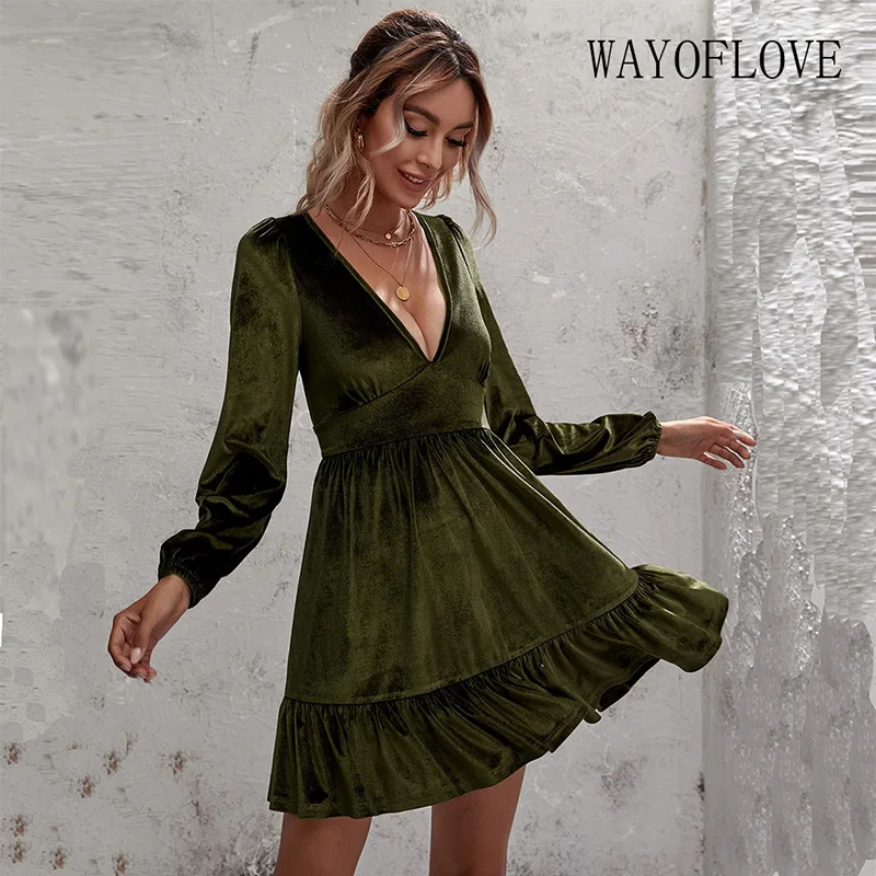 

WAYOFLOVE Spring Autumn Green Dress Women Sexy Elegant Puff Sleeve V-Neck Velvet Dress Party Casual Flounced Edge Dresses Women