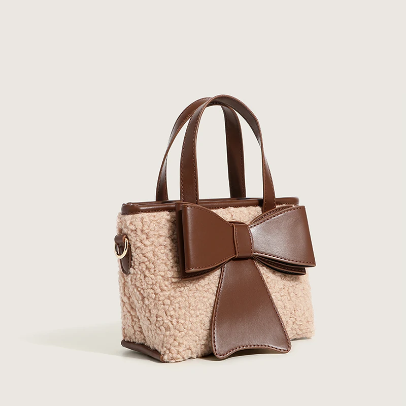 

Autumn And Winter New Women's Handbag Lamb Down Bow Decoration Pu Leather 2021 Brand Designer Japanese Cute Shopping Fashion Bag