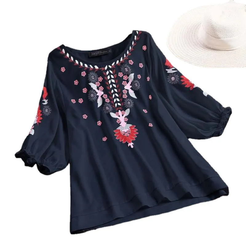 

Women's Loose T-shirt National Style Retro White Blouse 2021 Summer New Round Neck Short Sleeve Printed Tee