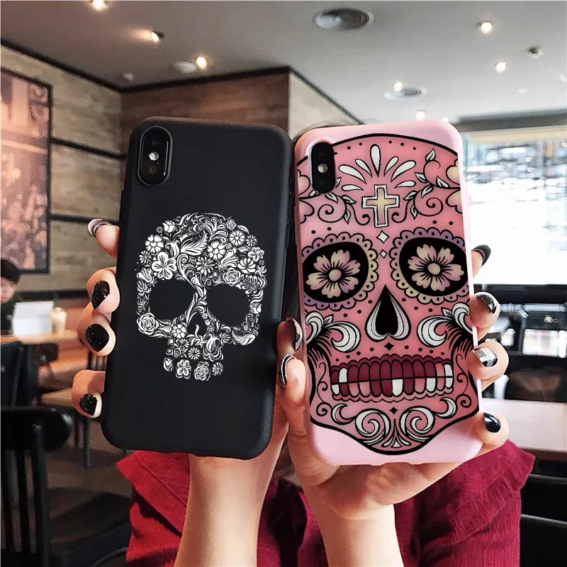 

Flower Phone Case for iPhone 11 Pro Max 12 pro Mini XR X XS MAX 6 6S 7 8 Plus SE 2020 Silicone Soft Cover bone Skull Shell