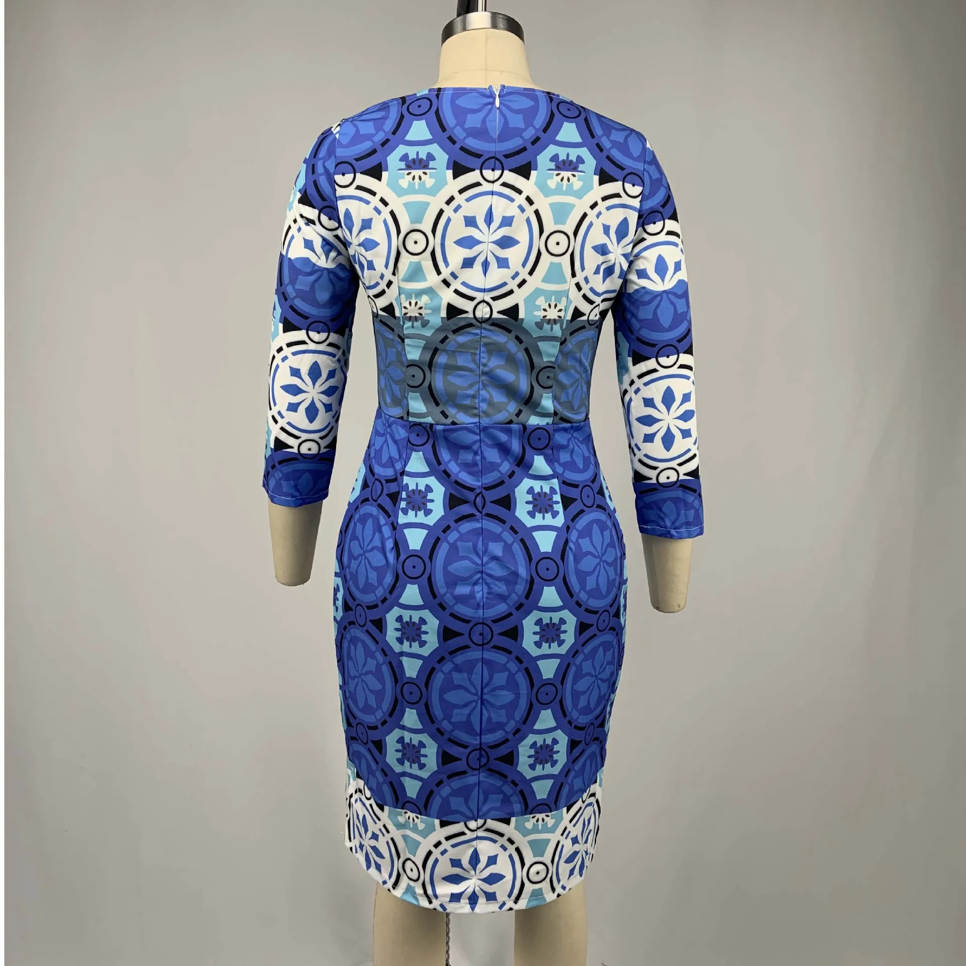 

WEPBEL Three Quarter Sleeve Dress Women's Casual Printed Slim Dress Summer Fashion O-Neck High Waist Dress