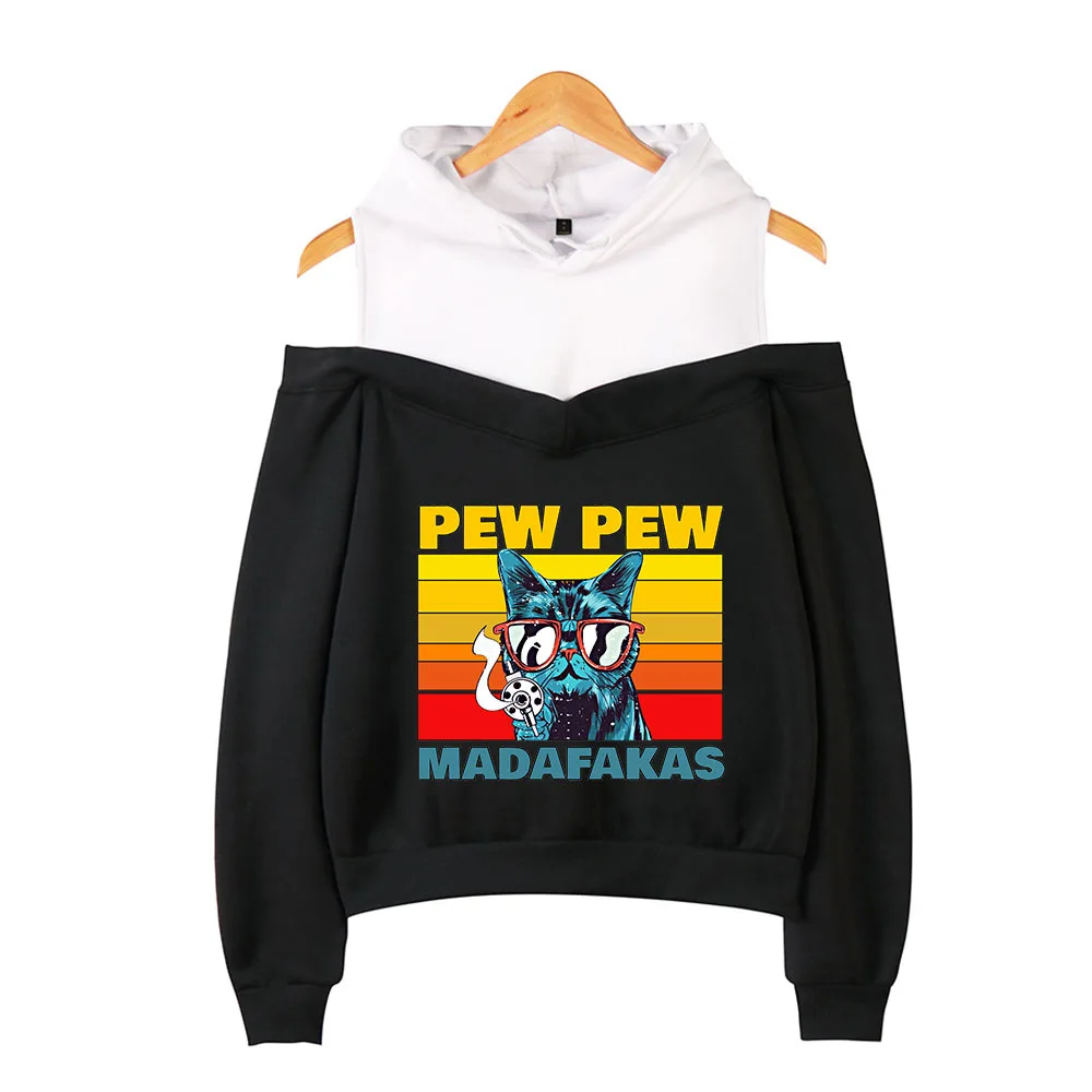 

2020 Pew Pew Madafakas Hoodie Sweatshirt Off-shoulder Women Teens Girls Harajuku Print Fashion Pullover Tops