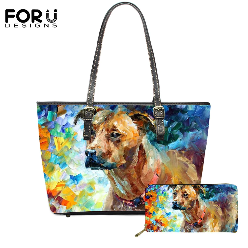 

FORUDESIGN 2021 New Casual Handle Bags Fashion Wallet 2Pcs Oil Painting Dog Brand Design Ladies Large Capacity Pu Tote Beach Bag