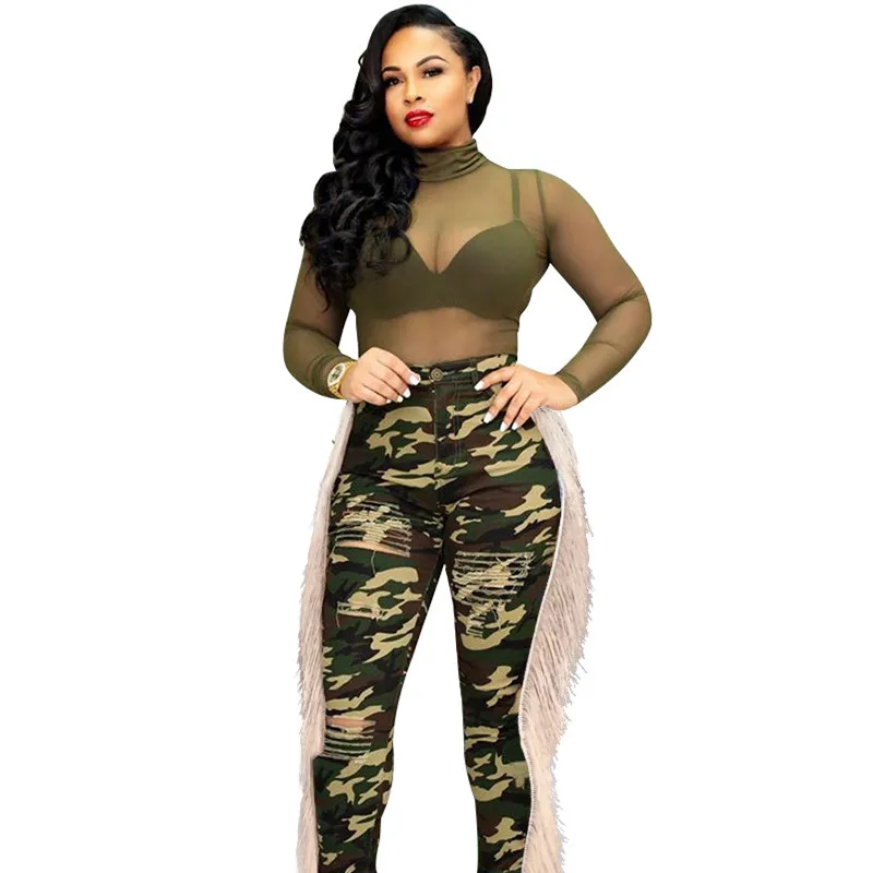 Hot new popular women long pants side ripped tassel sexy trousers camouflage print high waist LS3680 |