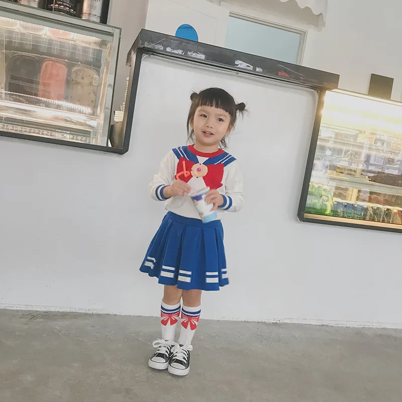 

Navy Style Kids Girls Skirt Suits Sailor Moon Knitted Pullover Tops +Striped Mini Skirt Baby Girls Two Piece Suit Sweet Baby Set