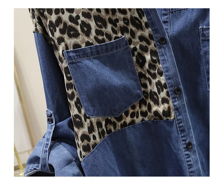 

New Spring Fall Leopard Stitched Lapel Denim Shirt Loose Blouse Women Long Sleeve Medium Long Shirt Students Tops