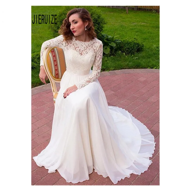 Женское свадебное платье JIERUIZE кружевное с длинными рукавами бантом и пуговицами