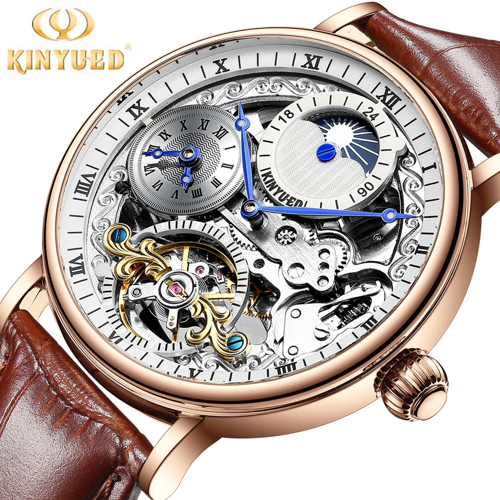

KINYUED Fashion Men's Tourbillon Automatic Hollow Mechanical Movement Watch Business Luminous Waterproof Skeleton Watch Men J073