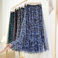 2021 summer new geometric pattern net yarn fairy skirt wild mid length large skirt skirt female 1082