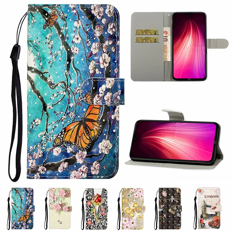 Print Leather Phone Case For Xiaomi Redmi Note 8 Pro Flip Wallet Note8 Tiger Wolf Dog Flower Painted | Мобильные телефоны и