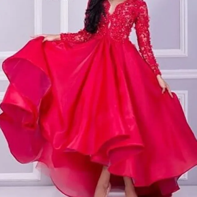 

New Arrival Elegant Saudi Arabia Red Organza Long sleeve Evening dresses Plus size vestido de festa