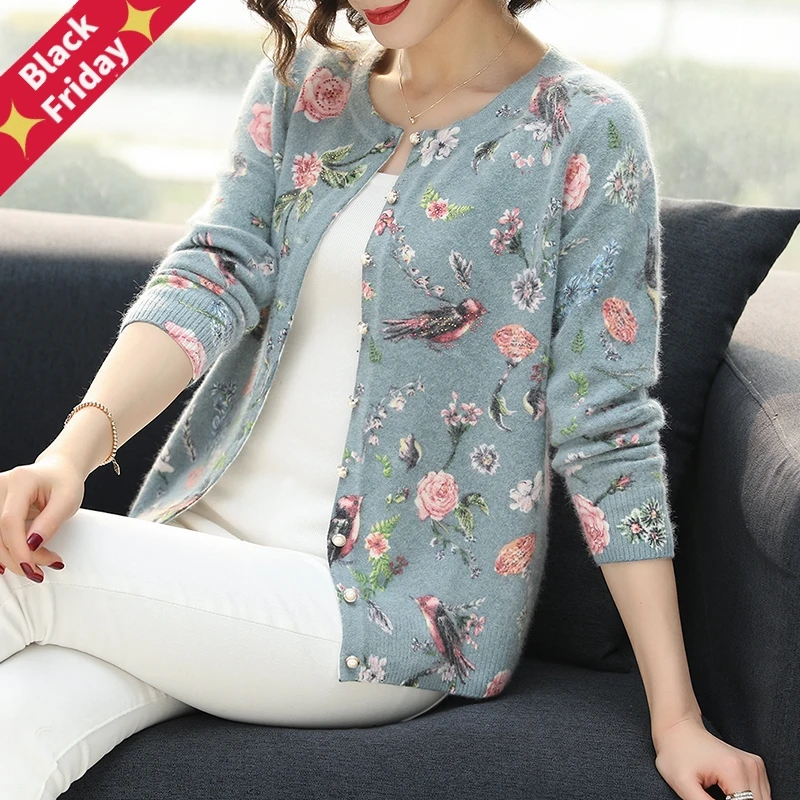 Женский вязаный кардиган однобортный Повседневный Кардиган с цветочным принтом
