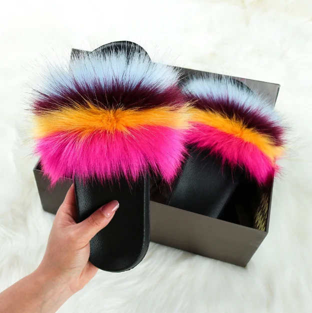 

Summer Fluffy Fur Slippers Women Faux Fox Fur Slides Mixed Fuzzy Flat Fur Sandals Indoor Slippers Lady Fur Flip Flops Plush Shoe