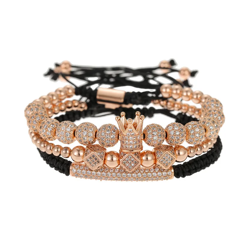 

3 pcs/set charm crown ball rhombic paved cz crystal beaded bracelet with copper beads adjustable female male elegant jewelry