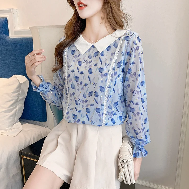 Модный цветочный шифоновый топ Женский Осенний элегантный женский 2021 рубашка с
