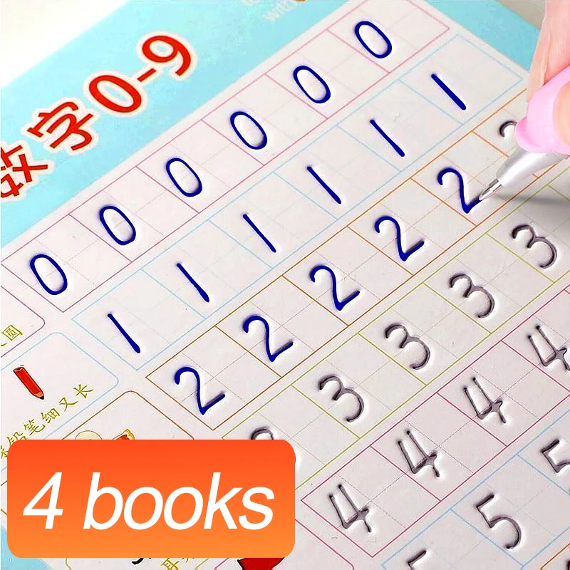 

4 books Reusable Children 3D Copybook Calligraphy Numbers Handwriting Books Learning Math English Writing Practice Book For kids