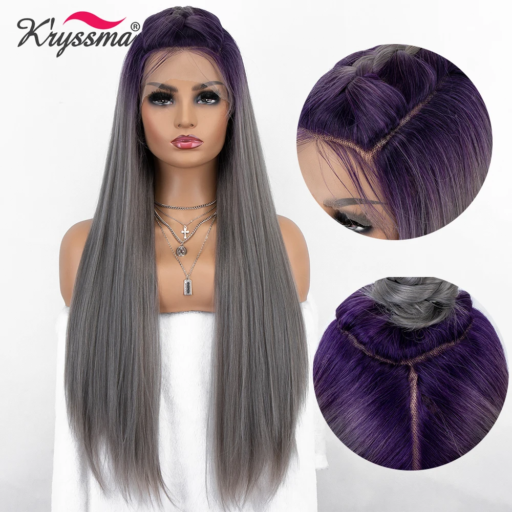 Kryssma Women Ombre Grey Purple Roots Lace Front Wig Long Straight Synthetic Wigs For Women's Cosplay Wigs Heat Resistant Fiber