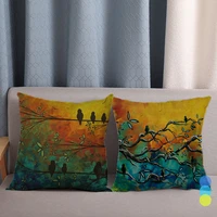 hundred bird forest oil painting printed faux linen hug throw pillowcase emerald green yellow flower trees cushion cover sets