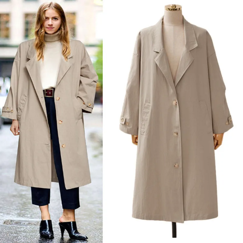 Женская длинная куртка с отложным воротником черная Повседневная Свободная