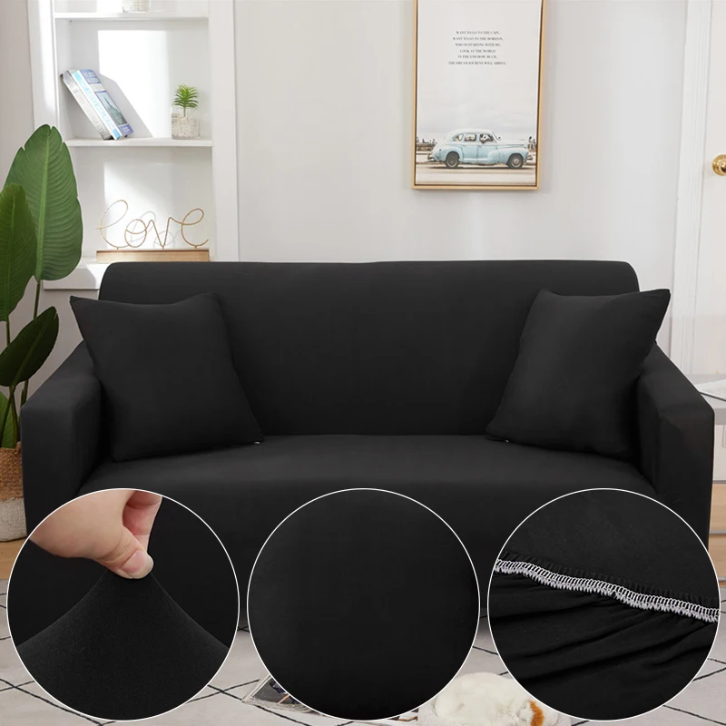 

Black Solid Color Sofa Cover For Living Room Funda Sofa All-inclusive Polyester Modern Elastic Corner Couch Slipcover 45009