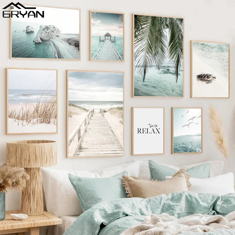 Beach Sea Ocean Canvas Wall Art Poster Bridge Leaves Turtle Seagull Print Painting Vibrant Summer Picture Nordic Home Decoration