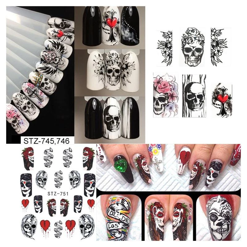 25 Sheets/set Halloween Nail Art Sticker Sexy Skull Bone Water Transfer Decals Nails Foil Manicure Decoration | Красота и здоровье