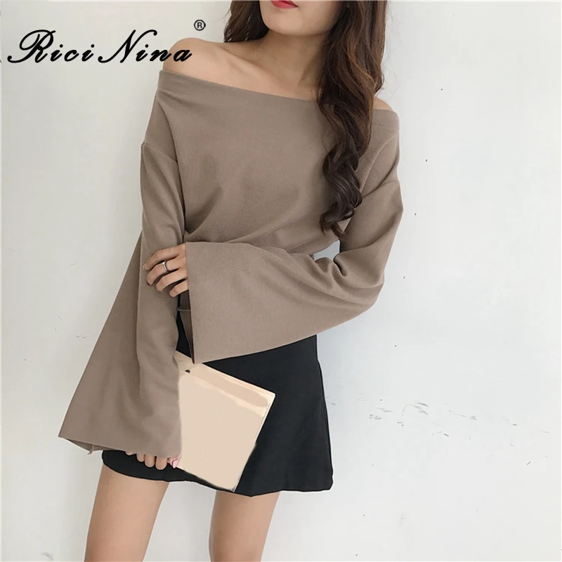 RICININA винтажная женская футболка топ с открытыми плечами одноцветная длинным