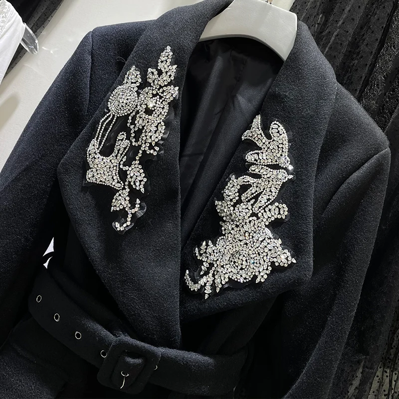 

White Woolen Coat Women Autumn Winter Lapel Double-Breasted Sashes Beading Pocket Long Elegant Jacket Office Lady Outerwear