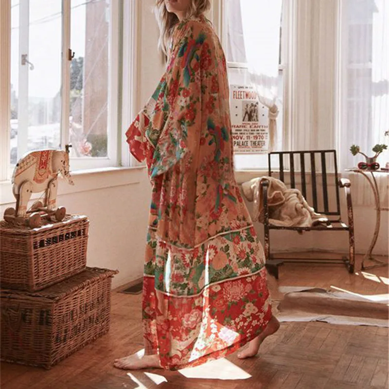 

Vintage Print Floral Beach Cover Up Summer Swimwear Bikini Outerwear Flare Sleeve Oversize Bohemian Long Cardigans