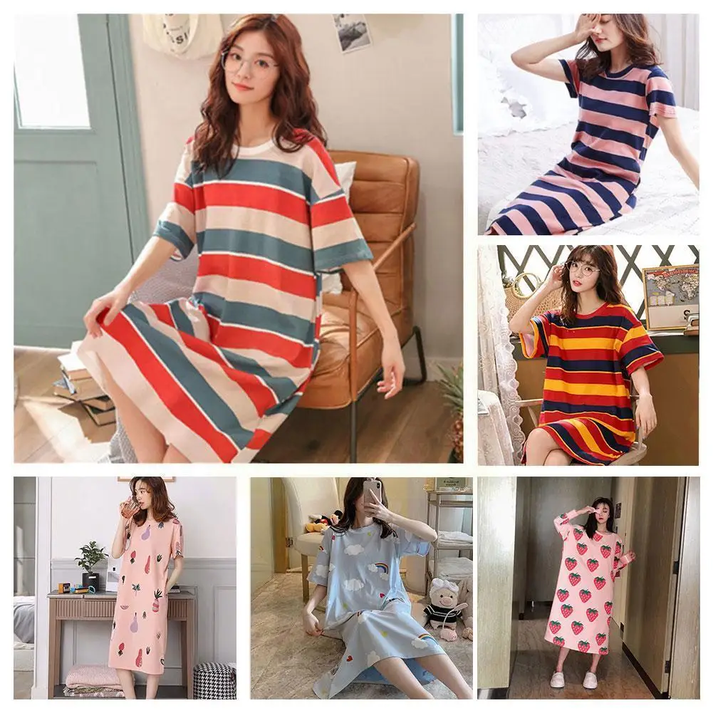 Short Sleeve Women Sleepwear Imitation Sleepwear Summer Cartoon Sleep Lounge Wear Dress Nightgowns H