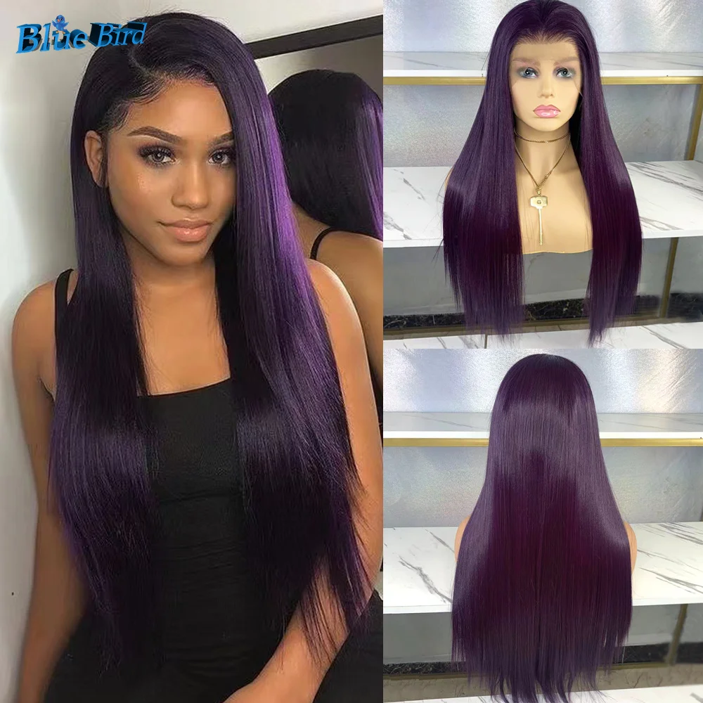 BlueBird Long Silky Straight Dark Purple Wigs Futura Fiber Hair 13x4 Synthetic Lace Front Wigs For Women Heat Resistant Wig 950#
