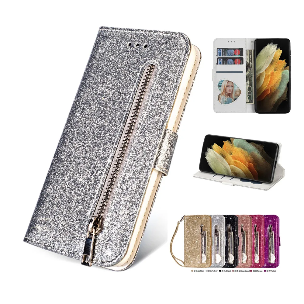 

Flip Wallet Leather Case for Samsung Galaxy S21 FE S20 Ultra Note 8 9 10 20 M31S M51 Glitter Bling Card Slot Shockproof Cover