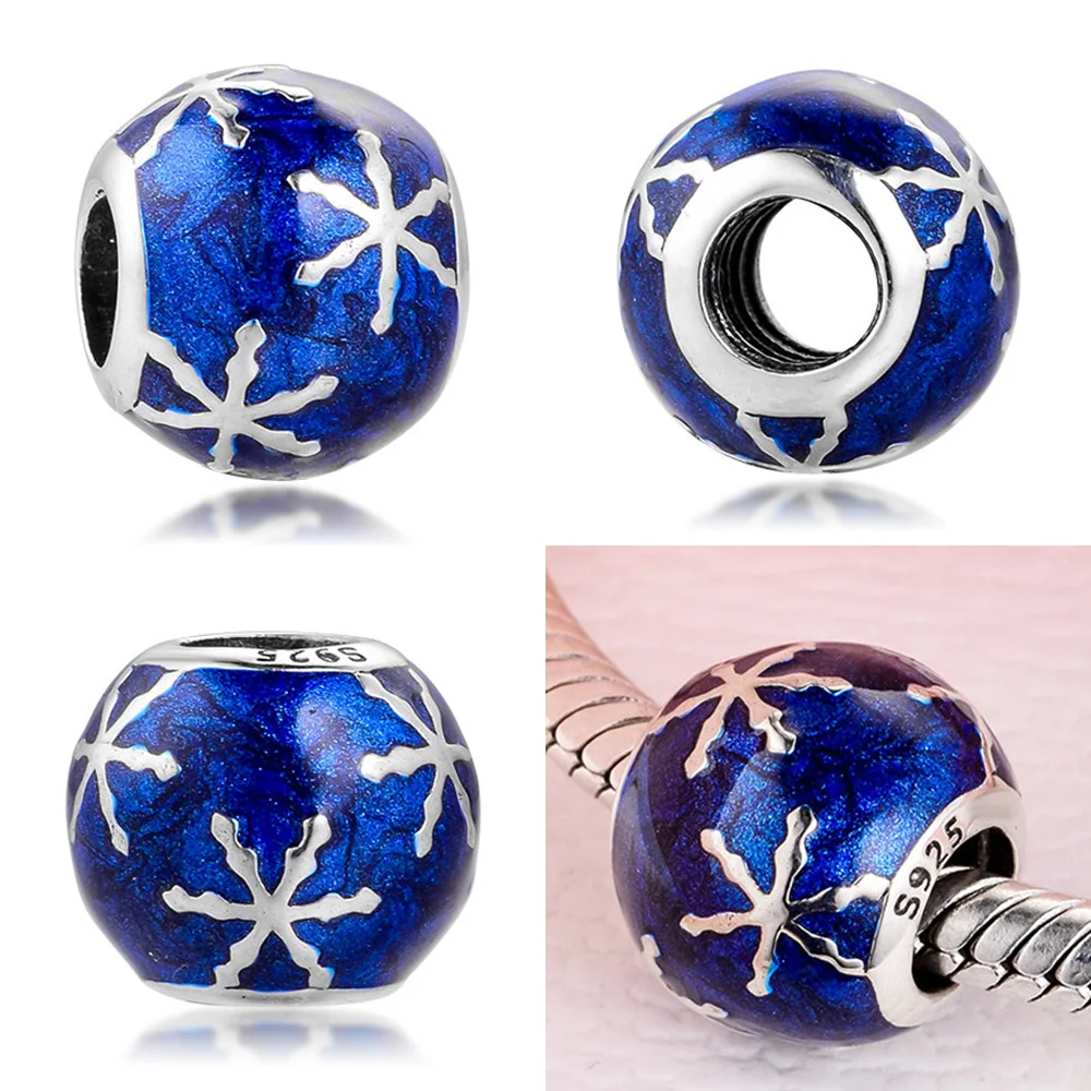 Подходят 925 Серебряные Оригинальные амулеты Браслеты синий снег Рождество Шарм