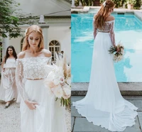 boho bohemian beach wedding dress with long sleeve floor length hand made flowers two pieces floor length gorgeous bridal gowns