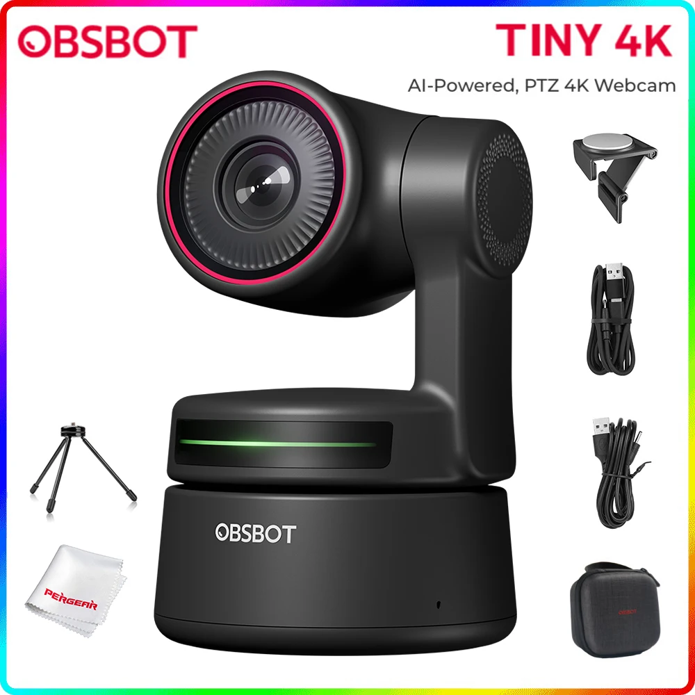 OBSBOT Tiny 4K AI-Powered PTZ Webcam AI-Tracking Auto-Framing Gesture Control HDR Dual Omni-Directional Mic Recording Streaming