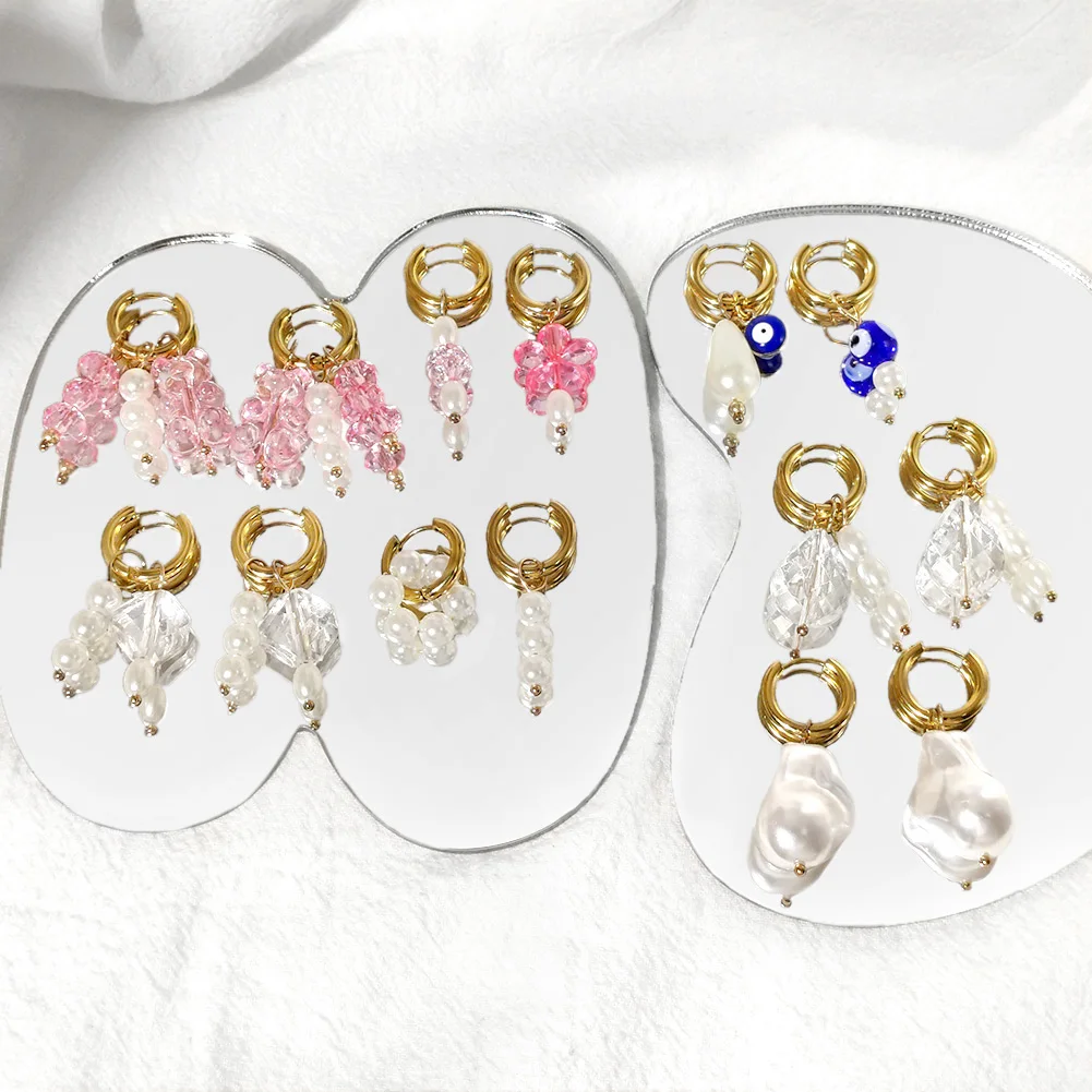 

New Pink Crystal Beads Flower Pearl Hoop Earrings For Women Classic Stainless Steel Golden Circle Hoop Earrings Fashion Jewelry