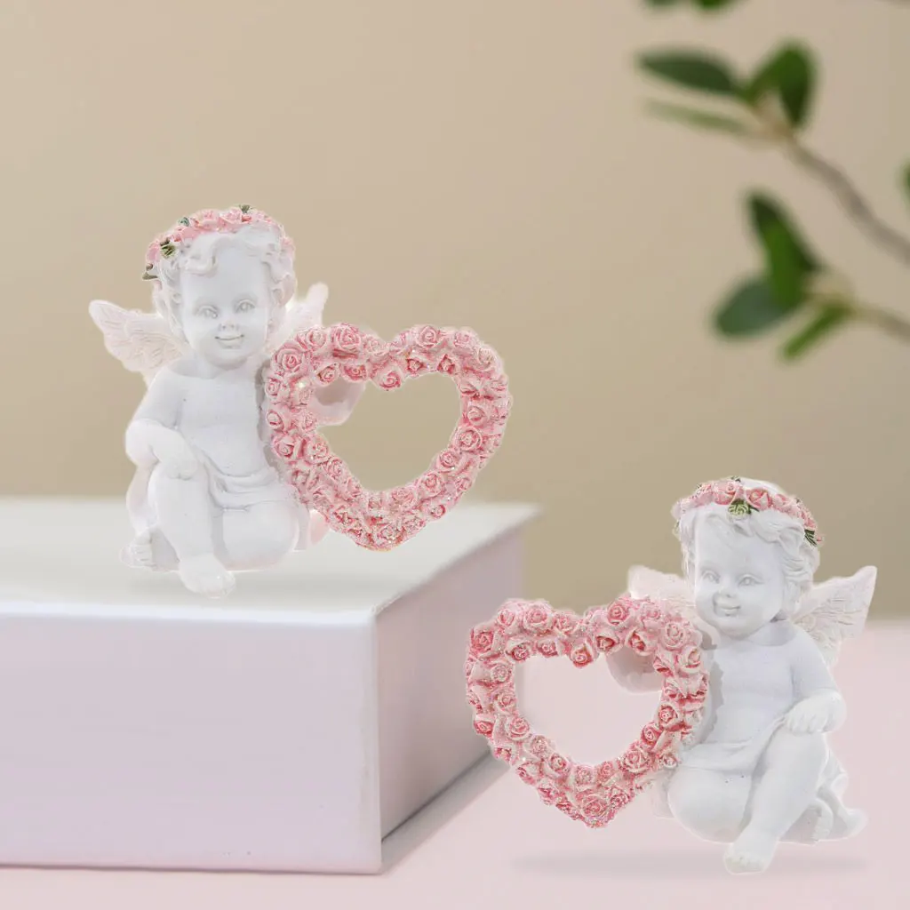 

2x Adorable Cute Cherub Figurines Heart Shaped Flower Pink Heavenly Angel Love for Valentine'S Day Bedroom Patio Desktop Gift
