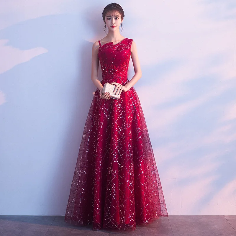 

Burgundy Exquisite Sequins Bling Lacing Up Evening Dresses Elegant Backless A-Line Beading Toast Gowns Robe De Soiree