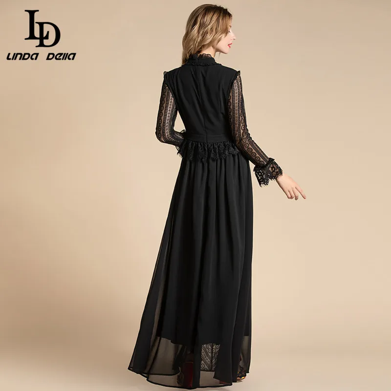 Женское длинное платье макси LD LINDA DELLA дизайнерское однотонное черное Сетчатое с
