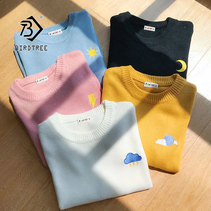 Осень 2019 новинка женские пуловеры свитер вязаный круглый вырез облако солнце