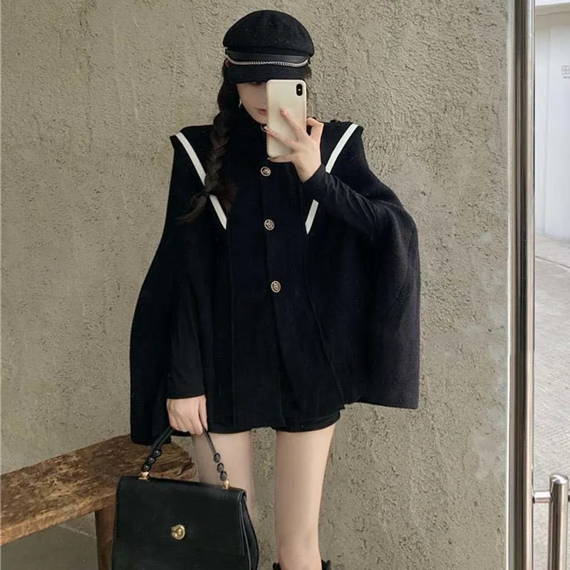 

Black Cloak Woolen Coat Poncho Women Autumn Winter 2021 Vintage Loose Thicken Shawl Jacket Fashion Clothing Buttons Cape Femme