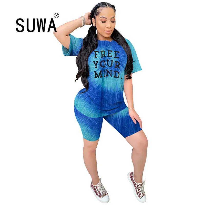 

2020 women fashion Tie-dyed round neck short sleeve monogram top and hot shorts 2 pieces set casual lady fashion tracksuits