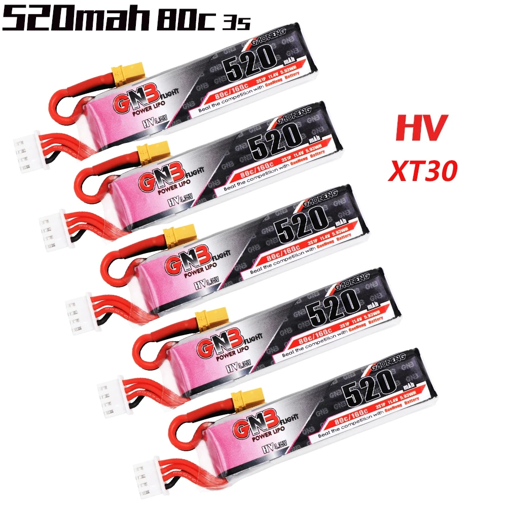 

5PCS Gaoneng GNB 520mAh 11.4V Lipo Battery 80C 3S HV 4.34V RC Battery XT30 Plug for RC Racing FPV Drone