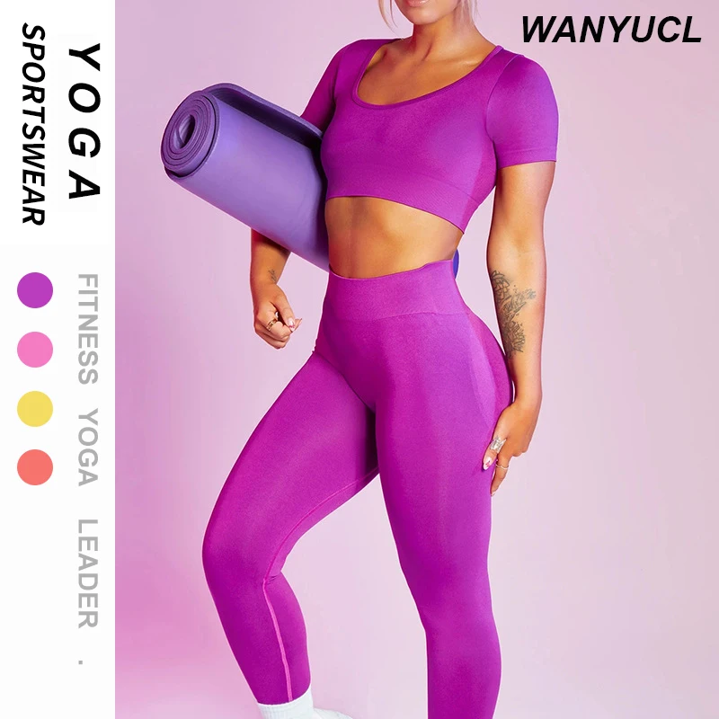 

WANYUCL 2022 Seamless Yoga Set Short sleeve Crop Top Shirt Scrunch Pant Leggings Outfit Workout Fitness Gym Female Women Suits