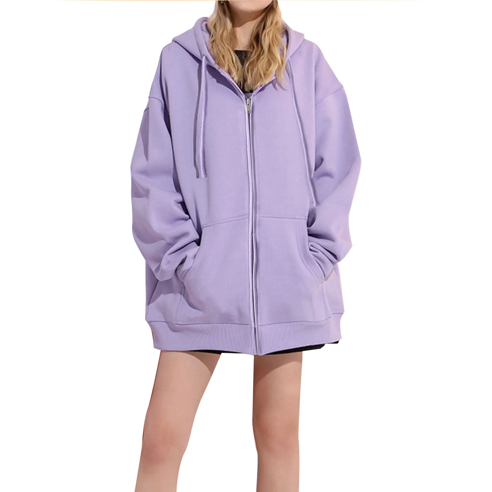 

2021 Autumn Women’s Casual Zip Up Hoodie Long Sleeve Solid Color Loose Fit Sweatshirt with Pockets
