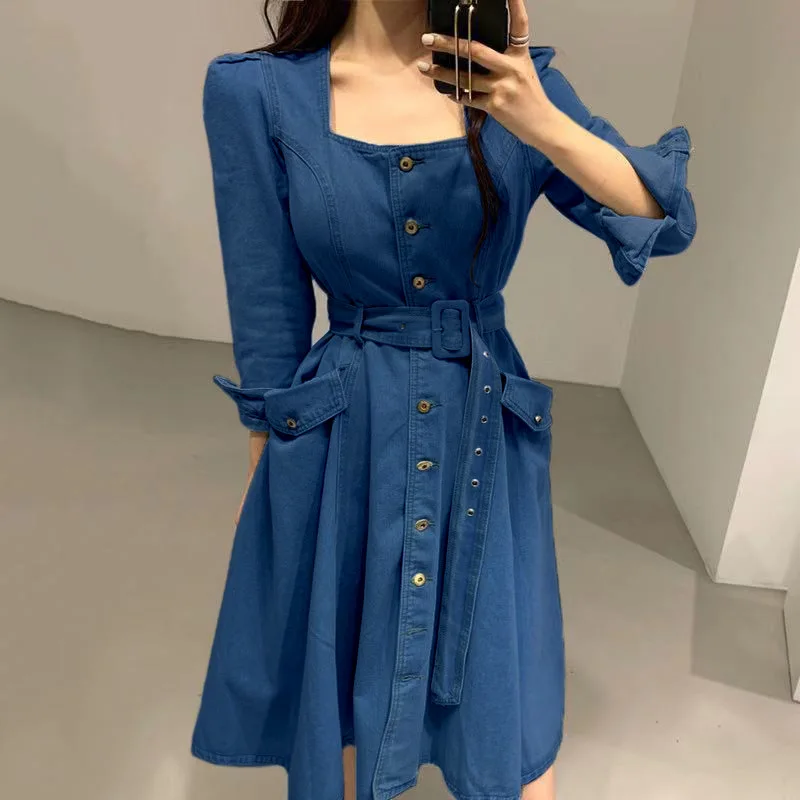 

Spring Korean Chic Square Collar Full Sleeve Women's Long Dresses Fashion Pocket Clothes Female Single Breasted Sashes Dress
