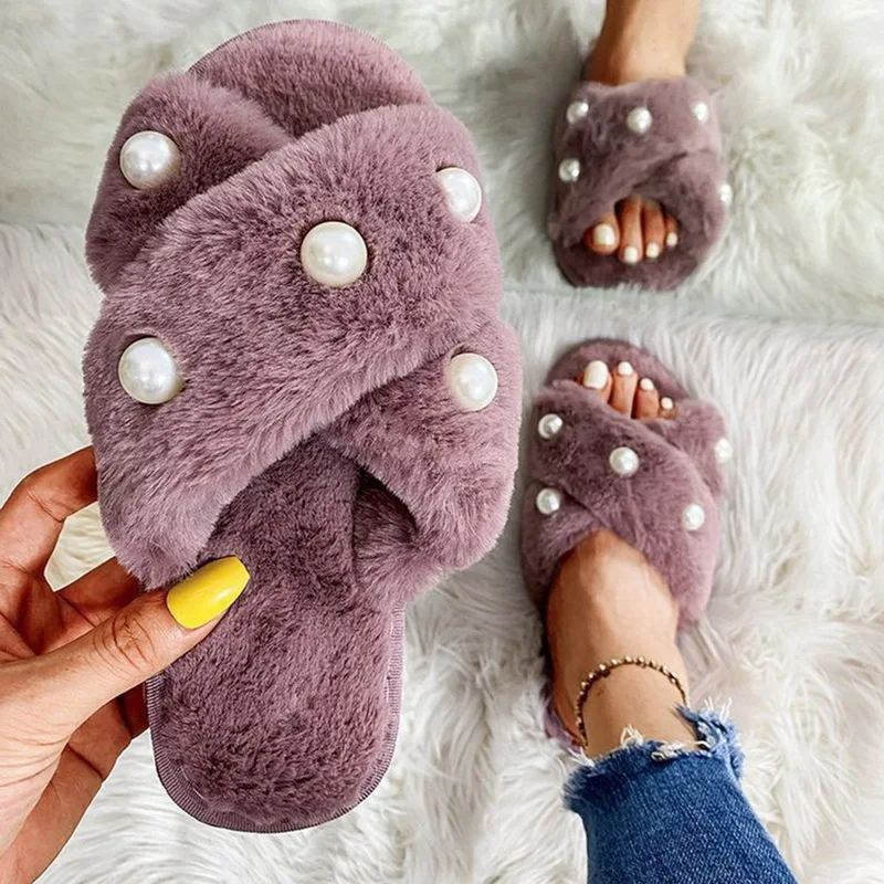 

2021 Winter Indoor Home Women Slippers Open-Toe Flat Women Shoes Lovely Pearl Ladies Slides Female Sandals House Slippers