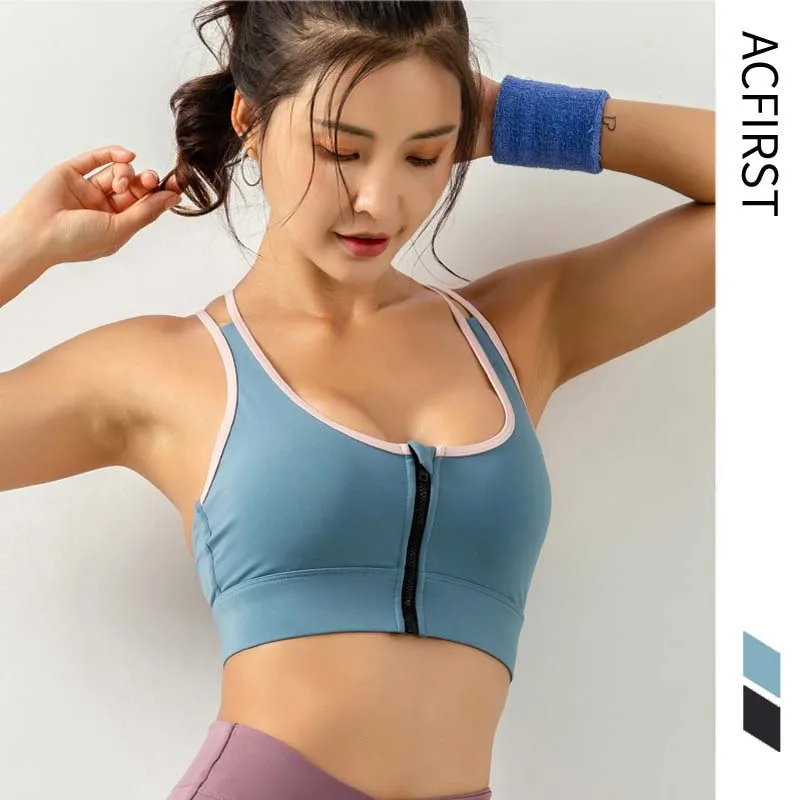 

AcFirst New Women Bras Breathable Blue Sexy Back Zipper Sports Bra Yoga Athletic Gym Running Fitness Workout Push Up Sport Tops