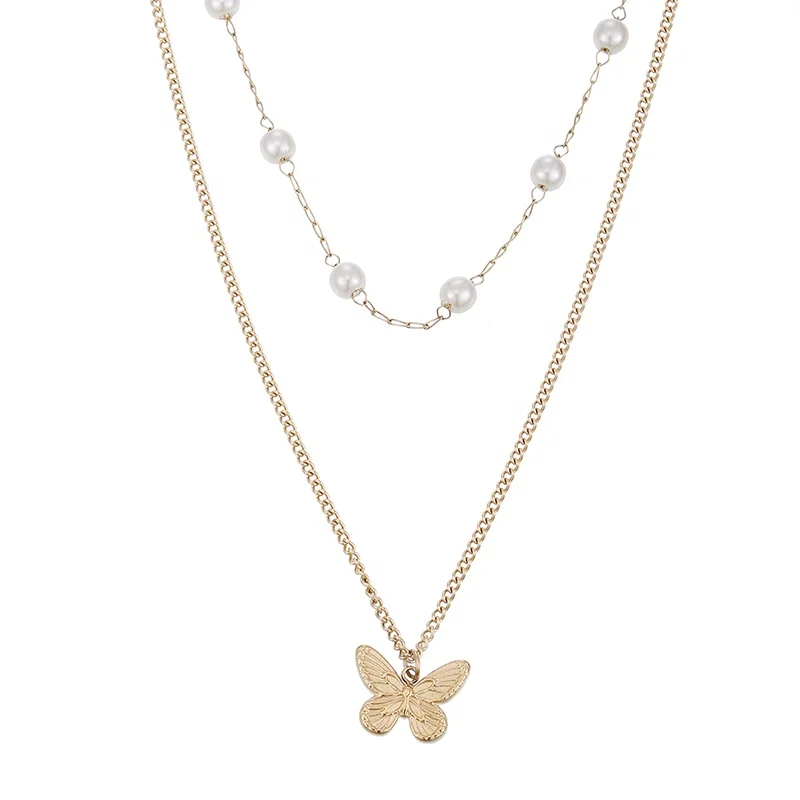 

ONYSS No Stone Jewelry Charm Pearl Pendant Necklace for Women 2021 Chain With Butterflies