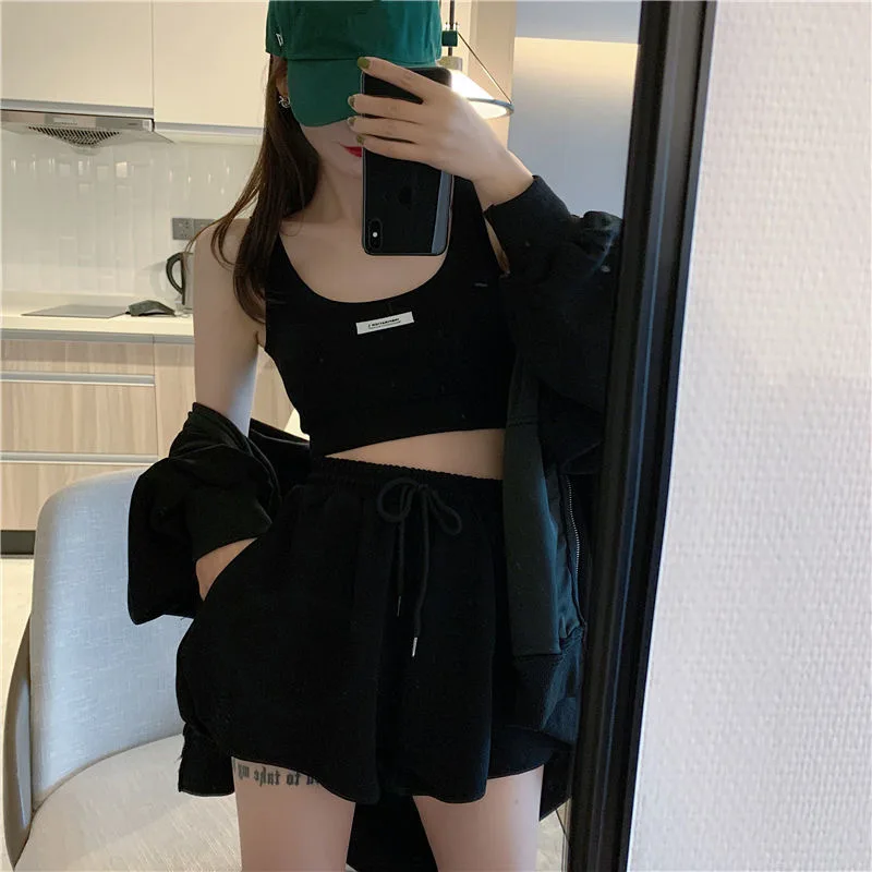 

Women Joggers Set Plus Size Tracksuit Sportswear Shorts Camisole & Hoodies 3 Piece Suit Gray Sweatshirt Spring 2021